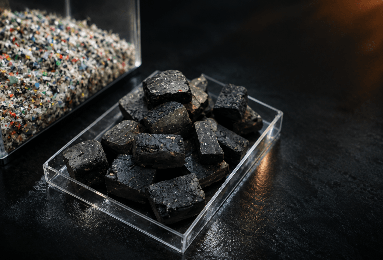 Biocubes — cubed material recovered from waste, displayed in an acrylic tray beside its raw feedstock, part of Biocubes' waste-to-energy innovation